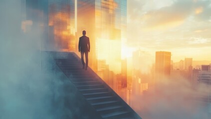 Fototapeta premium Businessman Walking Up Stairs Towards Success with Sunrise Over Cityscape Background