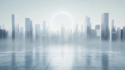 Fototapeta premium Bright Urban Dreamscape: CBD Skyline with E-Commerce and Automotive Advertising under a Radiant Sun