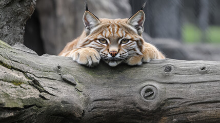 Obraz premium A bobcat, sometimes called a red lynx, hiding behind a fallen log.