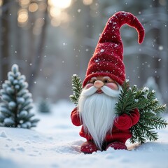 Christmas gnome with pine branch in snowy winter scene