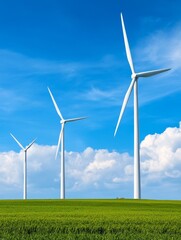 Fototapeta premium Three wind turbines stand tall in a field, harnessing the power of the wind to generate clean energy. The blue sky and white clouds symbolize a bright future for renewable resources, while the green f