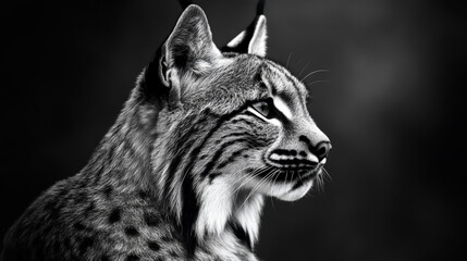Fototapeta premium A European lynx, a wild cat with a spotted coat, shown in black and white.