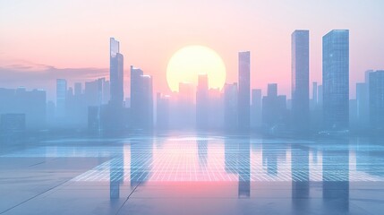 Fototapeta premium Bright Urban Dreamscape: CBD Skyline with E-Commerce and Automotive Advertising under a Radiant Sun