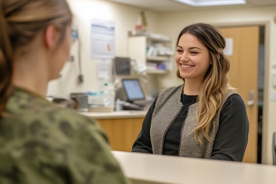 Lifestyle photo of a receptionist checking in a patient at the OPD, warm and friendly expression, bright clinic background