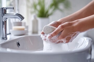 Hands of a person scrubbing with pumice stone, foamy soap, white sink, bright bathroom, close-up 1
