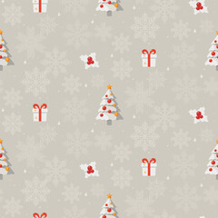 Christmas pattern with christmas tree, sweets, snowflakes on a light background. Seamless background perfect for use in textiles, wallpapers, and festive decorations.