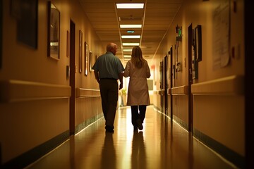 Obraz premium Lifestyle photo of a doctor and nurse walking through a hospital corridor, engaged in conversation, warm lighting in the background