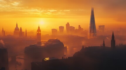 Fototapeta premium Cinematic shot of the London skyline featuring the Shard, St. Paul Cathedral, and the Houses