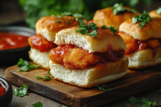 Chicken Parmesan Sliders are a simple recipe featuring fried chicken tomato sauce and cheese presented on a wooden board