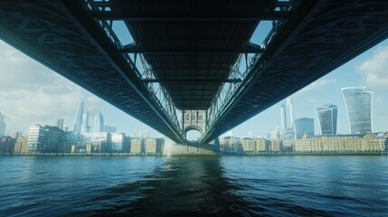 Close-up of Tower Bridge underside as seen from a boat, focusing on the detailed