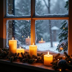 Cozy winter window with candles and snowy view