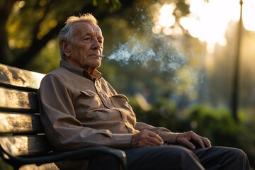 Fototapeta premium Elderly man smoking a cigarette, sitting on a park bench, morning light, contemplative, front angle 8