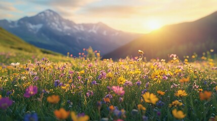 Summer Mountain Meadow with Wildflowers and Bees Under Clear Sky