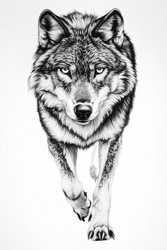 A wolf is walking on a white background. The wolf is looking straight ahead. The image has a calm and serene mood