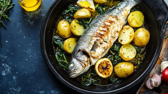 Enjoy a healthy Mediterranean meal with fried sea bass fillet,  boiled Swiss chard, potatoes, garlic, and olive oil.