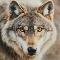 Obraz premium A wolf with a yellow eye staring at the camera. The painting is of a wolf with a golden eye and a brownish fur