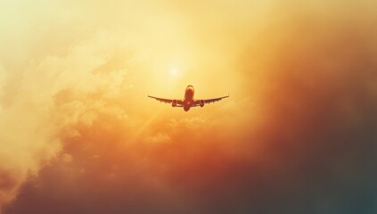 Obraz premium Passenger Airplane Flying in Blue Sky at Sunset, Ideal for Travel and Vacation Business Trip Banner Design