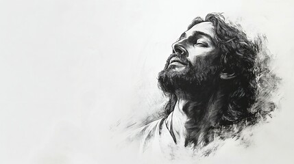 Sketch of Jesus Christ on white background with copy space