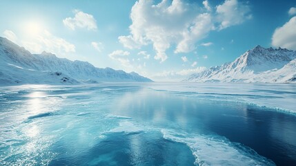 Naklejka premium Snowy Mountains and Glaciers: A Winter Wonderland with Ice Lakes and Vehicles for Advertising Backgrounds