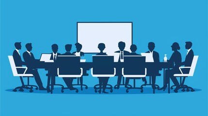 Business Meeting in Silhouette:  A powerful illustration depicting a group of business professionals in silhouette, gathered around a conference table for a strategic meeting.