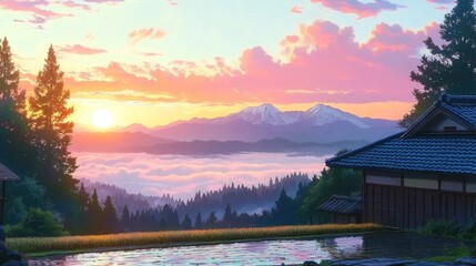 Fototapeta premium Japanese House with Mountain View at Sunset