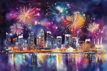 Obraz premium Splashing watercolor of a city lit up with fireworks and bright lights, New Year s in the City, urban celebration
