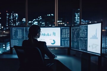 A dark-colored, high-resolution image depicting a C-Level executive in a sleek, modern office with a city skyline view at night.