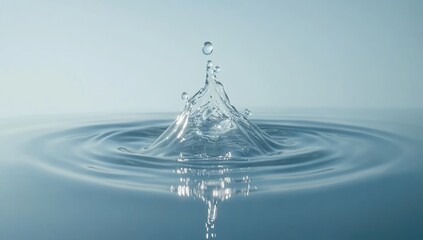 Water Drop Falling into Water, Creating Circle Ripples and Splashes on Light Blue Background