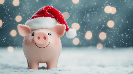 A cheerful piggy bank wearing a Santa hat, standing on snow with a festive background of blurred lights, perfect for holiday-themed decorations.