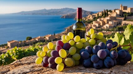 Naklejka premium Bottle of wine and bunch of grapes on the coast of Sicily. Malvasia, Marsala.