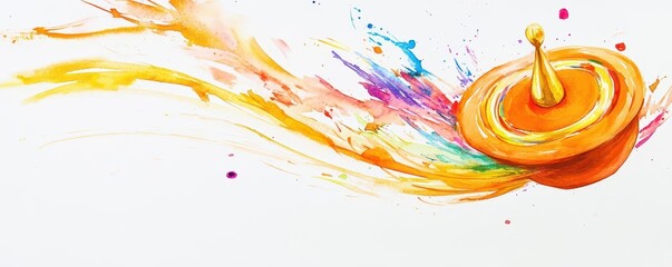 Splashing watercolor of an orange and gold dreidel spinning with colorful streaks, Dreidel Dance, Hanukkah celebration