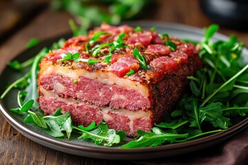 Classic baked Bavarian leberkäse a meatloaf of corned beef pork and bacon served with fresh arugula