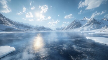 Fototapeta premium Snowy Mountains and Glaciers: A Winter Wonderland with Ice Lakes and Vehicles for Advertising Backgrounds