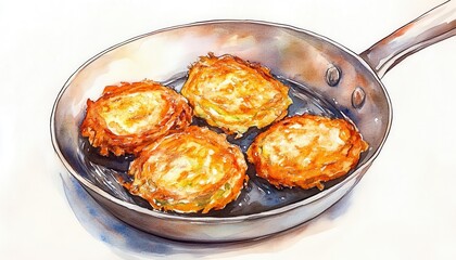 Splashing watercolor of latkes frying in a pan, with warm golden tones, Latke Tradition, Hanukkah comfort food