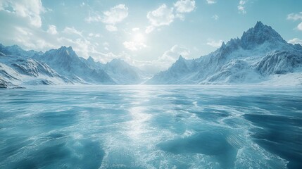 Fototapeta premium Snowy Mountains and Glaciers: A Winter Wonderland with Ice Lakes and Vehicles for Advertising Backgrounds