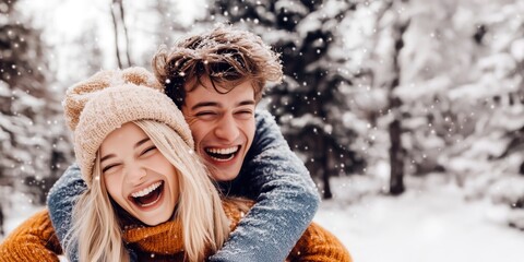 Un jeune couple riant et s'amusant l'hiver dans la neige, portant des vêtements chauds avec une forêt en arrière-plan.