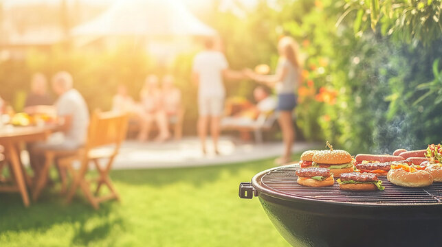 Delightful backyard barbecue gathering with friends and family enjoying grilled delicacies in a sunlit garden