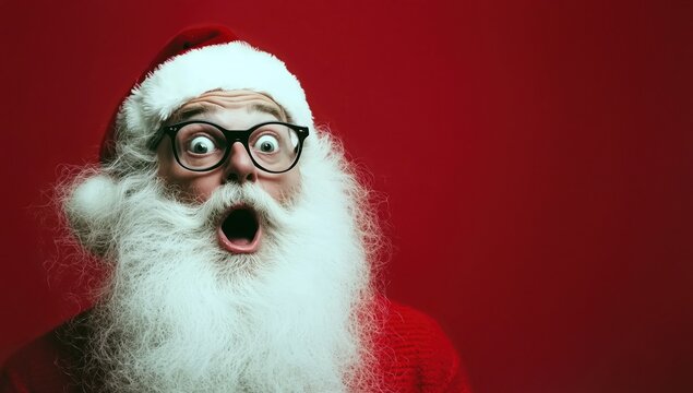 Un P&egrave;re No&euml;l portant une barbe blanche et des lunettes avec une expression surprise et &eacute;tonn&eacute;e sur un fond de couleur rouge, image avec espace pour texte.