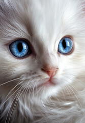A close-up view of an adorable fluffy white kitten with striking blue eyes capturing pure cuteness and charm