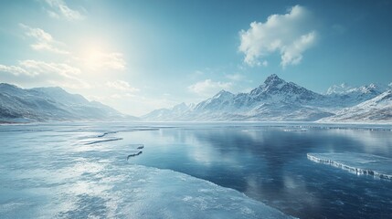 Fototapeta premium Snowy Mountains and Glaciers: A Winter Wonderland with Ice Lakes and Vehicles for Advertising Backgrounds