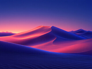 sunset over a mountain range in a desert with large dunes with a vibrant pink hue.