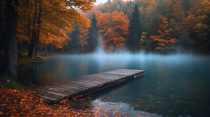 Autumn Lake View with Wooden Pier and Mist Rising from Water