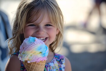 A child smiling while holding a large ice cream cone, colorful scoops, sunny day, outdoors 1