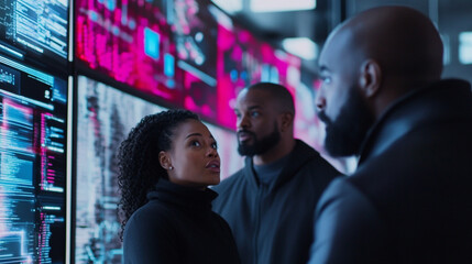 Diverse professionals engaging in brainstorming session amid advanced technology and data visualization