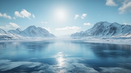 Fototapeta premium Snowy Mountains and Glaciers: A Winter Wonderland with Ice Lakes and Vehicles for Advertising Backgrounds