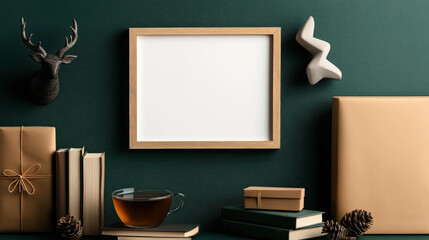 Decorative arrangement with blank wooden frame, deer head sculpture, books, gift box, and tea cup on green background