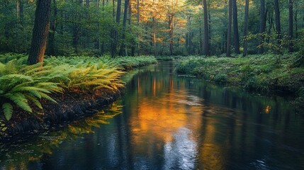 Fototapeta premium Peaceful River Flowing Through Forest with Ferns Along the Bank