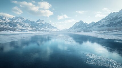 Snowy Mountains and Glaciers: A Winter Wonderland with Ice Lakes and Vehicles for Advertising Backgrounds