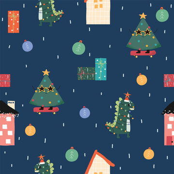 Funny Christmas seamless pattern. Winter holiday print. Vector hand drawn illustration.