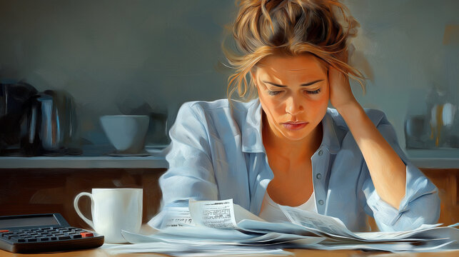 A detailed image of a woman sitting at a kitchen table, staring at a pile of bills with a worried expression. Her hand rests on her forehead as she tries to manage her consumer deb